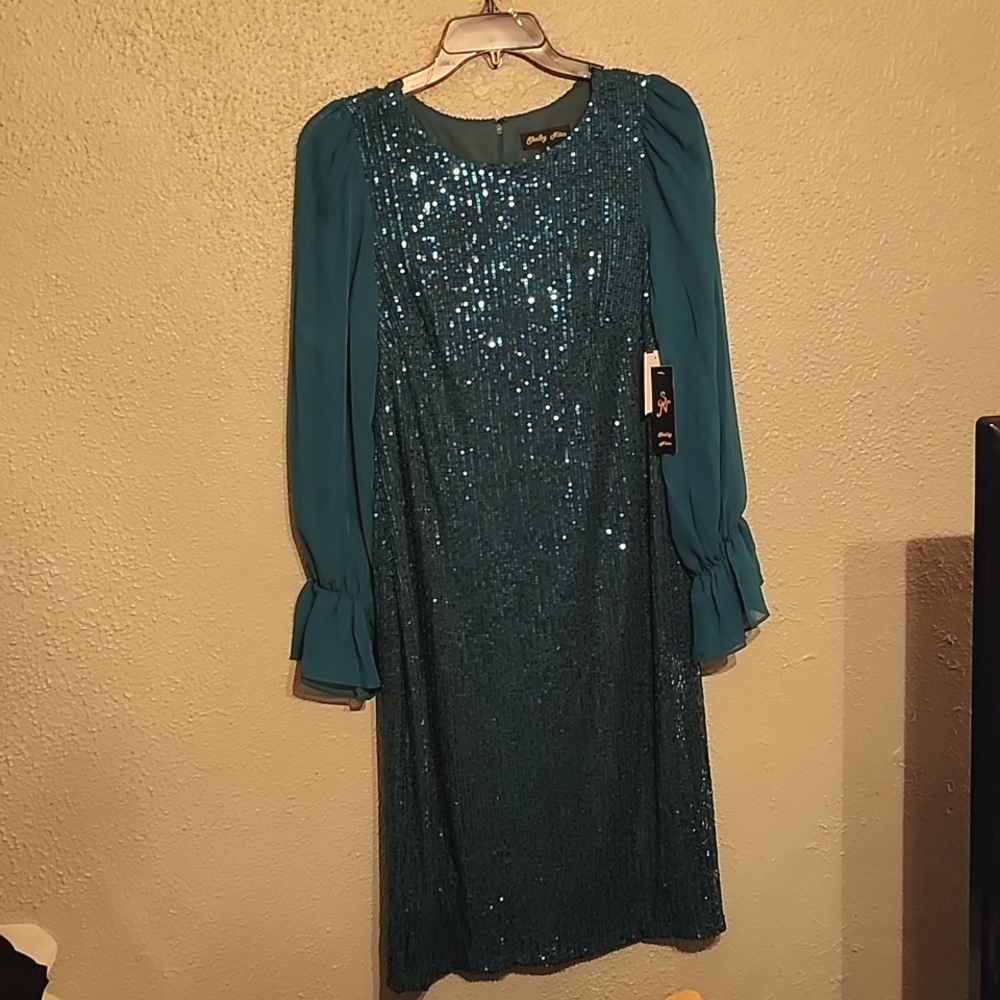 Shelby Nites Dark Green Sequin Dress New With Tags Sheer Long Puff Sleeve